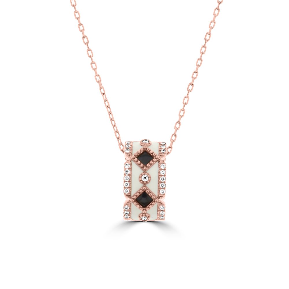Diamond Enamel Pattern Barrel Pendant with Chain