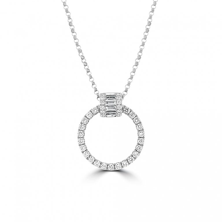 Baguette Diamond Open Circle Pendant with Chain in 18K White Gold