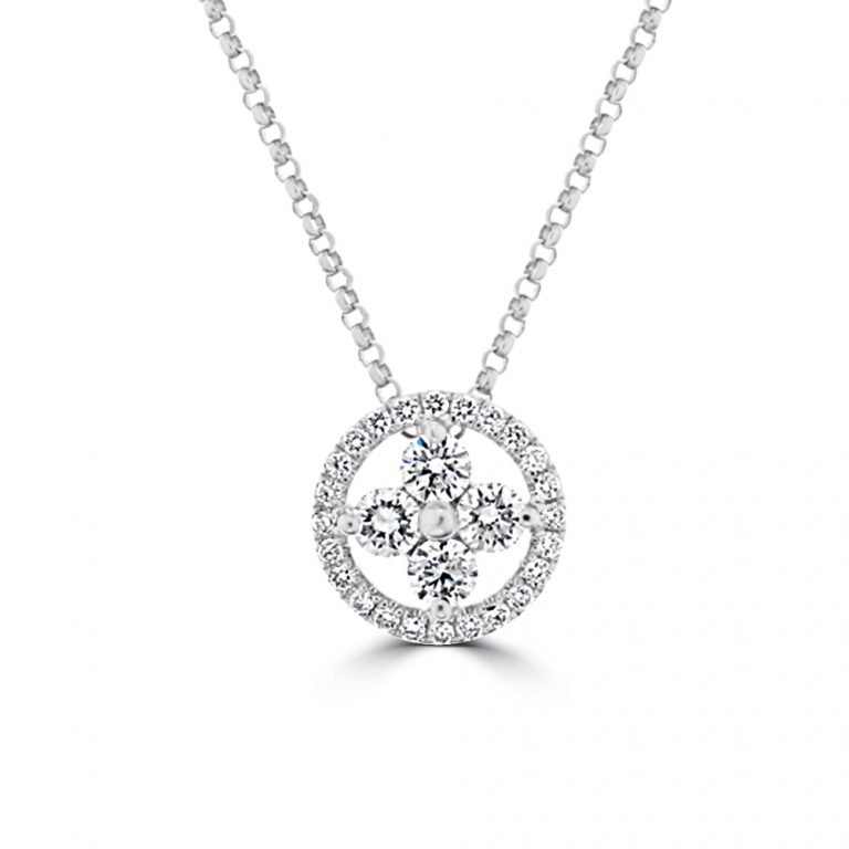 Diamond Floral Cluster Open Circle Pendant with Chain in 18K White Gold