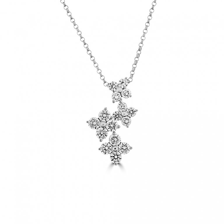 Diamond Floral Cluster Drop Pendant with Chain in 18K White Gold