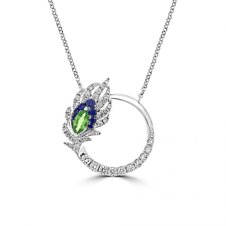 Green Garnet Sapphire Diamond Feather Open Circle Pendant with Chain in 18K White Gold