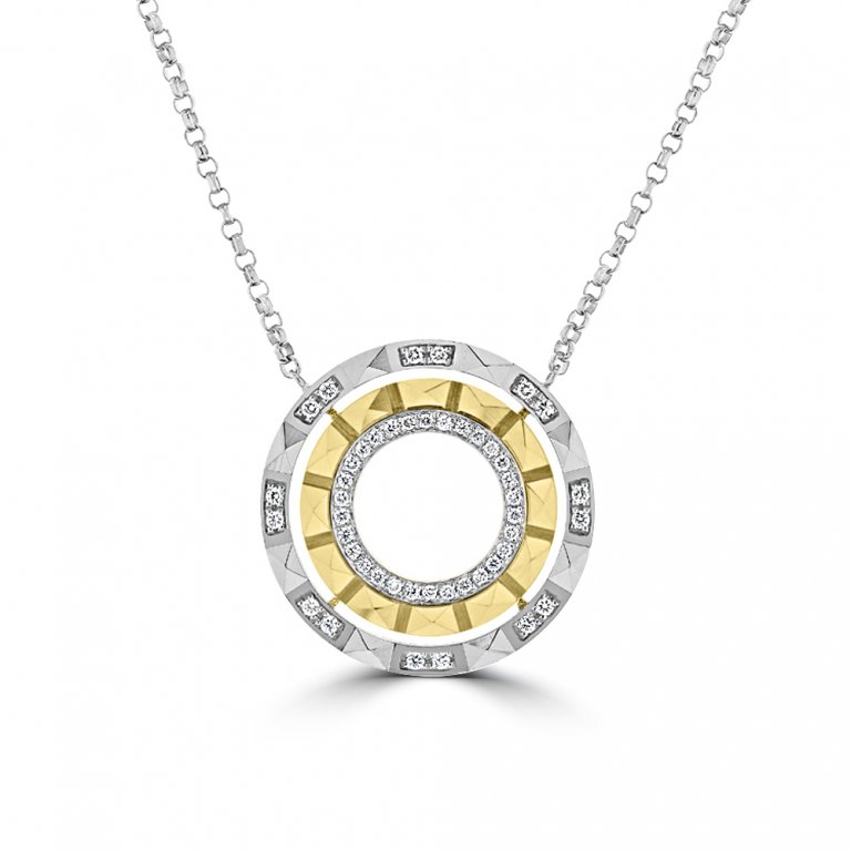 Diamond Pyramid Open Circle Pendant with Chain in 18K White Gold, 18K Yellow Gold