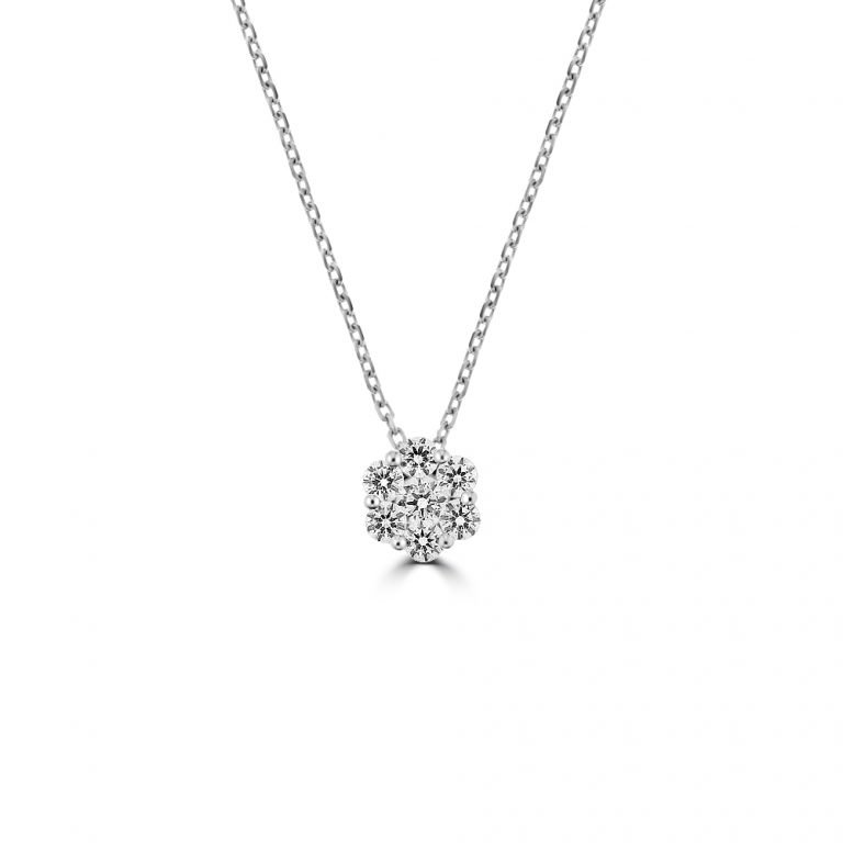 Diamond Daisy Cluster Pendant with Chain in 18K White Gold
