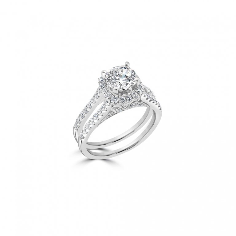 Diamond Halo Double Band Engagement Ring in 14K White Gold