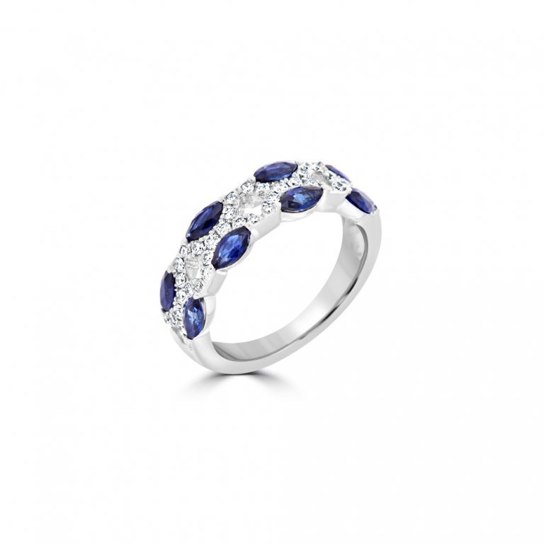 Marquise Cut Sapphire Pavé Diamond Ring in 18K White Gold