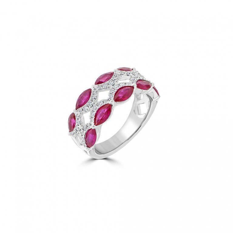 Marquise Cut Ruby Pavé Diamond Ring in 18K White Gold