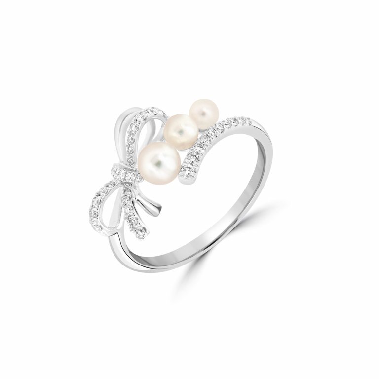 Akoya Pearl Diamond Ribbon Wrap Around Ring in 18K White Gold