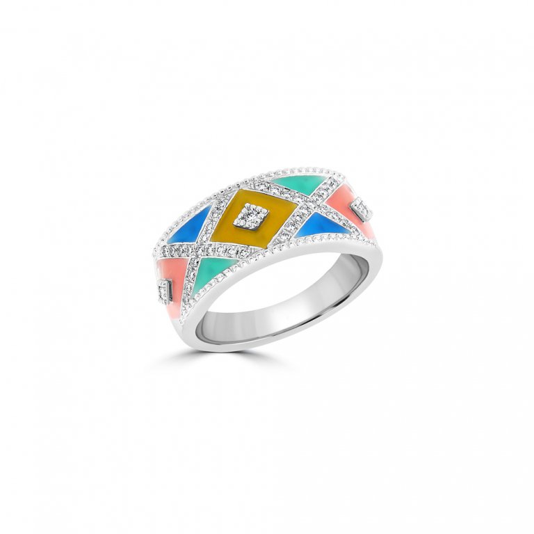 Diamond Enamel Pattern Ring in 18K White Gold