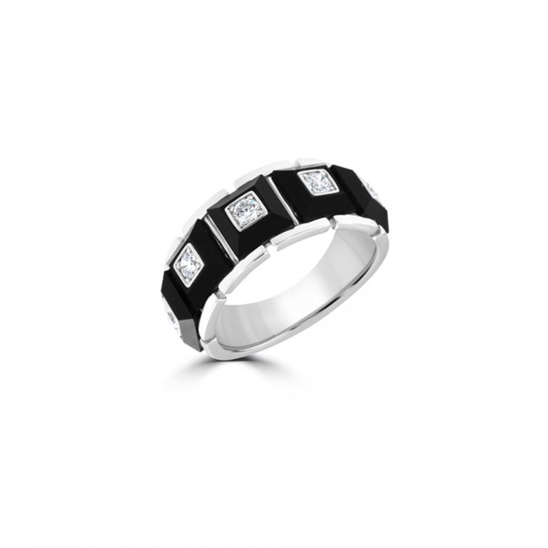 Black Agate Grid Diamond Ring