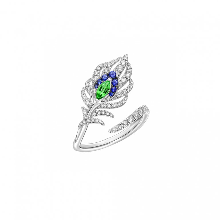 Green Garnet Sapphire Diamond Feather Ring in 18K White Gold