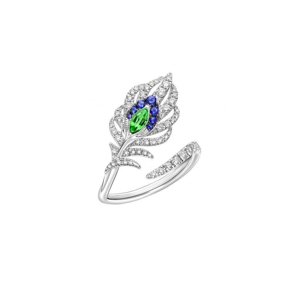 Green Garnet Sapphire Diamond Feather Ring in 18K White Gold