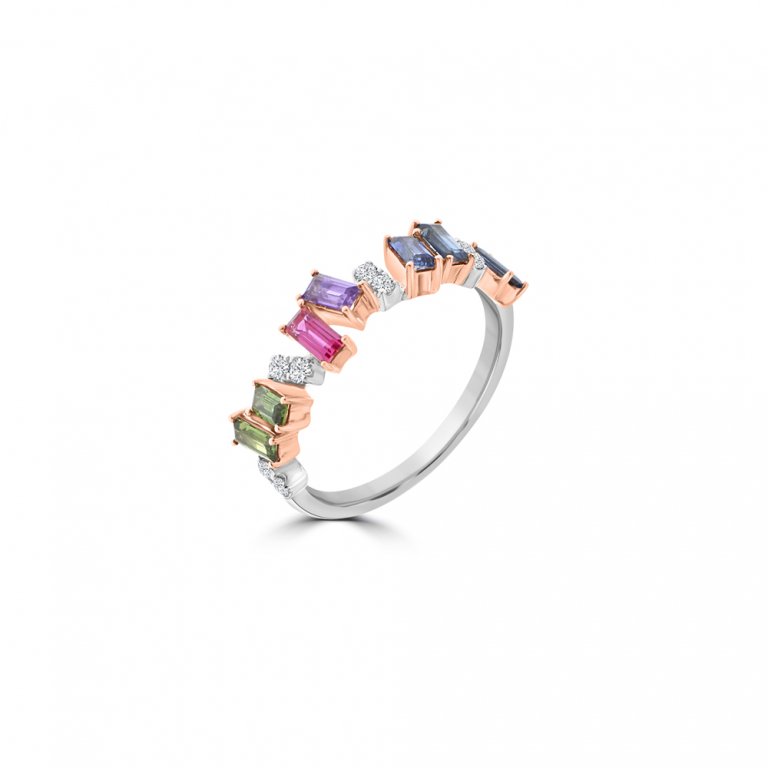 Baguette Cut Rainbow Sapphire Diamond Ring in 18K White Gold, 18K Rose Gold