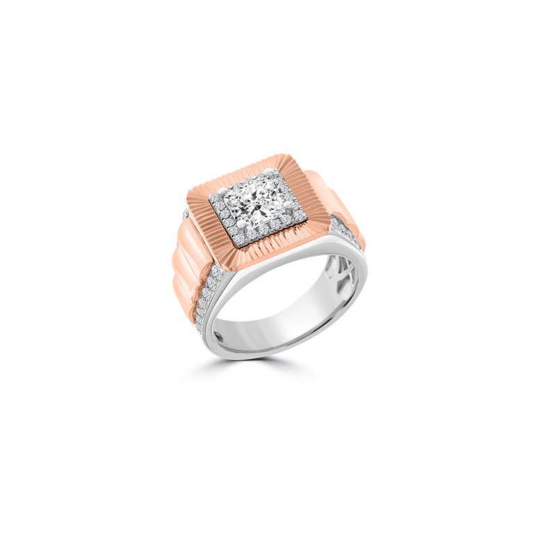 Diamond Square Grosgrain Ribbed Halo Ring in 18K White Gold, 18K Rose Gold