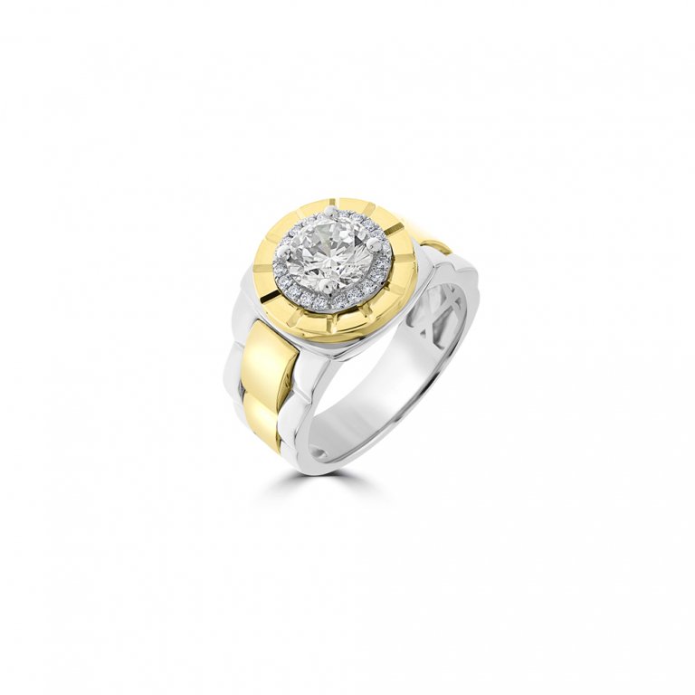 Diamond Round Grosgrain Ribbed Halo Ring in 18K White Gold, 18K Yellow Gold