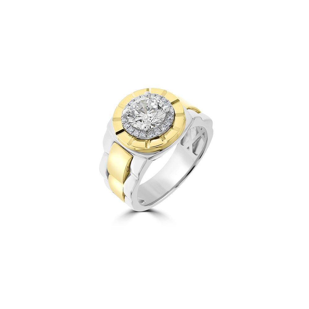 Diamond Round Grosgrain Ribbed Halo Ring in 18K White Gold, 18K Yellow Gold