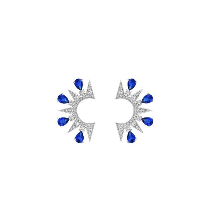 Sapphire Diamond Firework Half Circle Stud Earrings in 18K White Gold