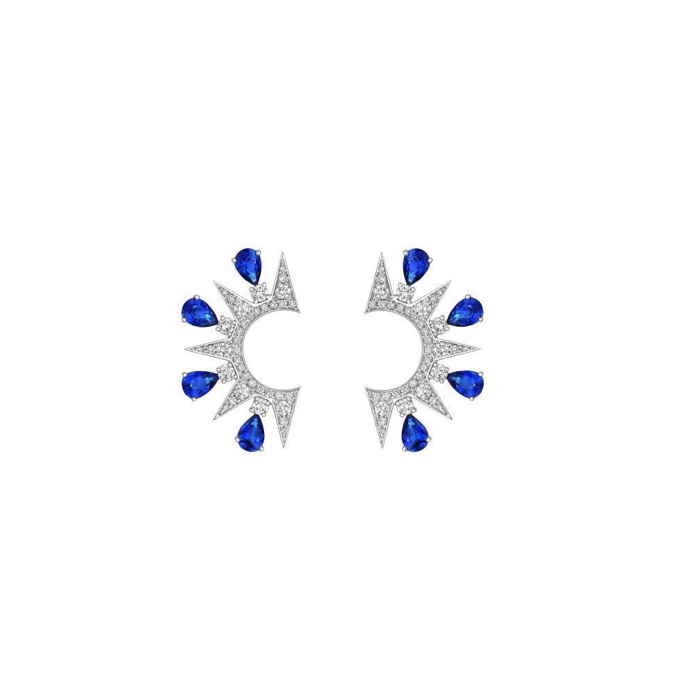 Sapphire Diamond Firework Half Circle Stud Earrings in 18K White Gold