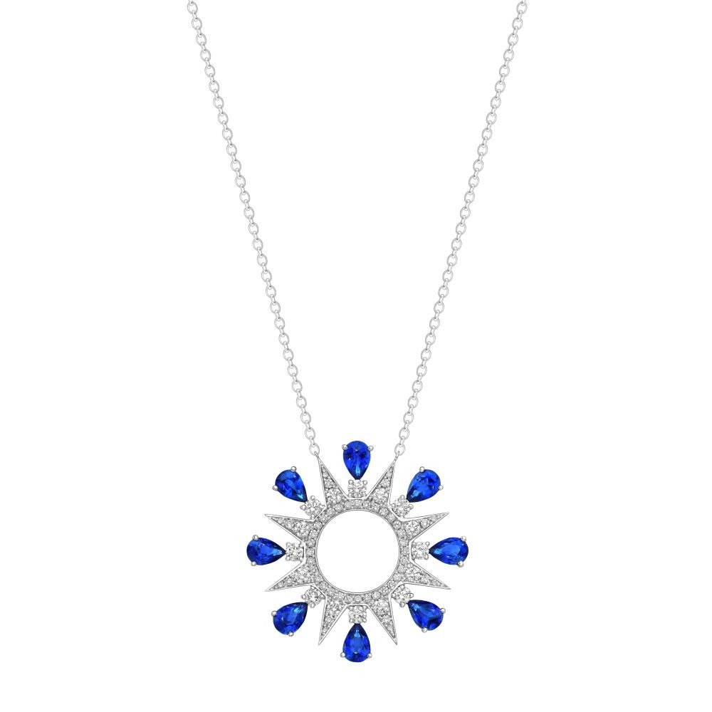 Sapphire Diamond Firework Fancy Circle Pendant with Chain