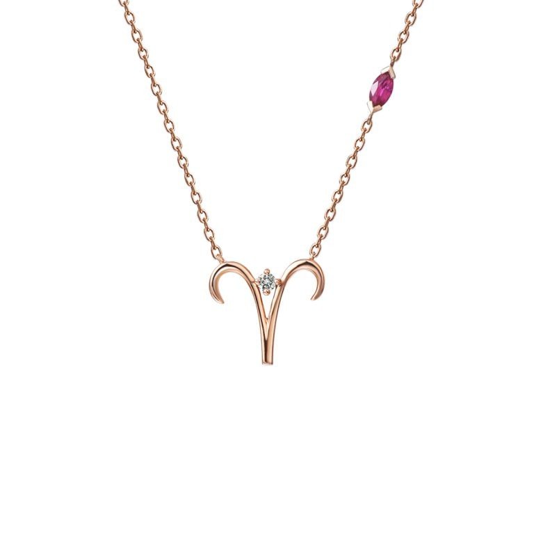 Ruby Diamond Aries Pendant with Chain in 18K Rose Gold