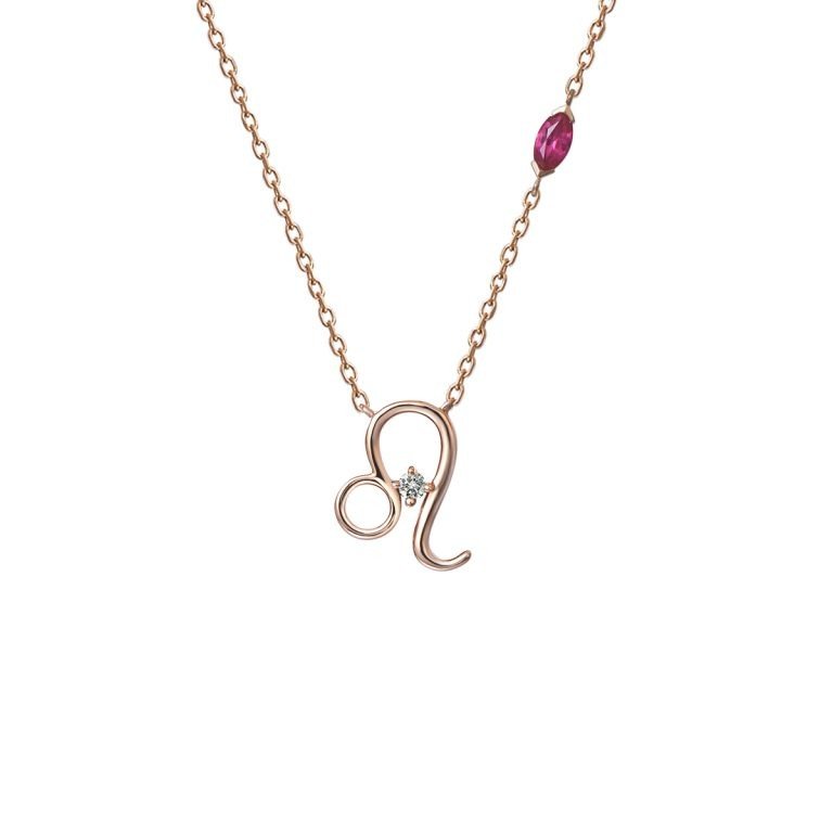 Ruby Diamond Leo Pendant with Chain in 18K Rose Gold
