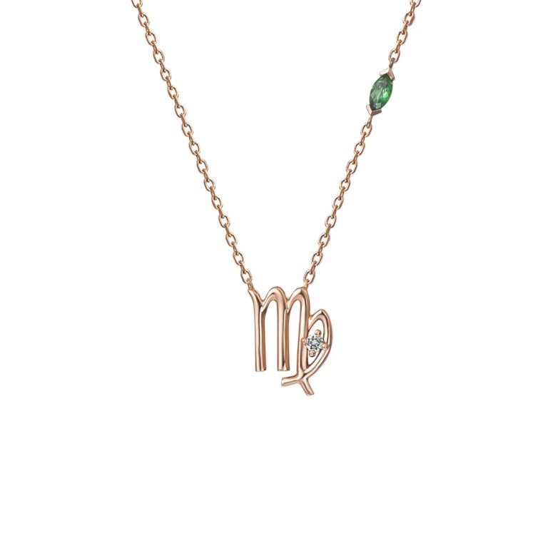 Green Garnet Diamond Virgo Pendant with Chain in 18K Rose Gold 