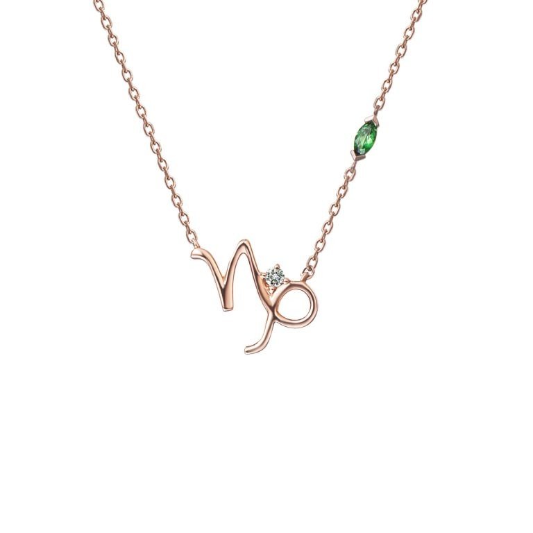 Green Garnet Diamond Capricorn Pendant with Chain in 18K Rose Gold