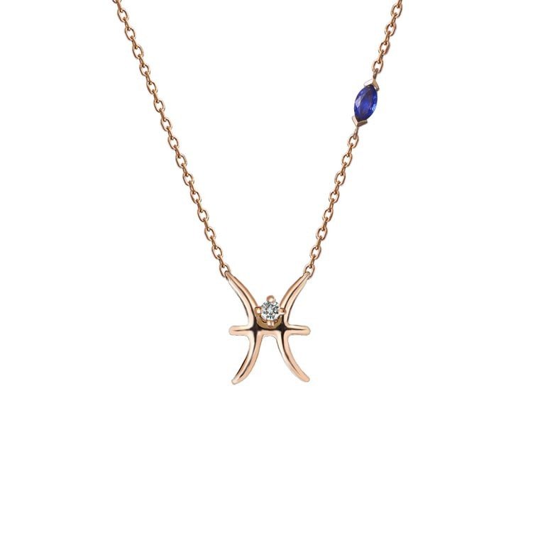 Sapphire Diamond Pisces Pendant with Chain in 18K Rose Gold