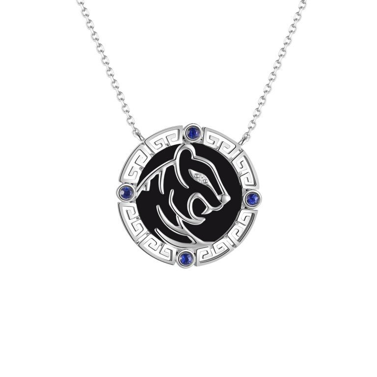 Black Agate Sapphire Diamond Year of the Tiger Pendant with Chain in 18K White Gold