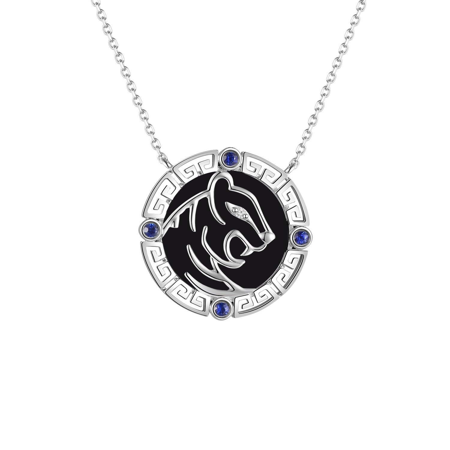 Black Agate Sapphire Diamond Year of the Tiger Pendant with Chain in 18K White Gold