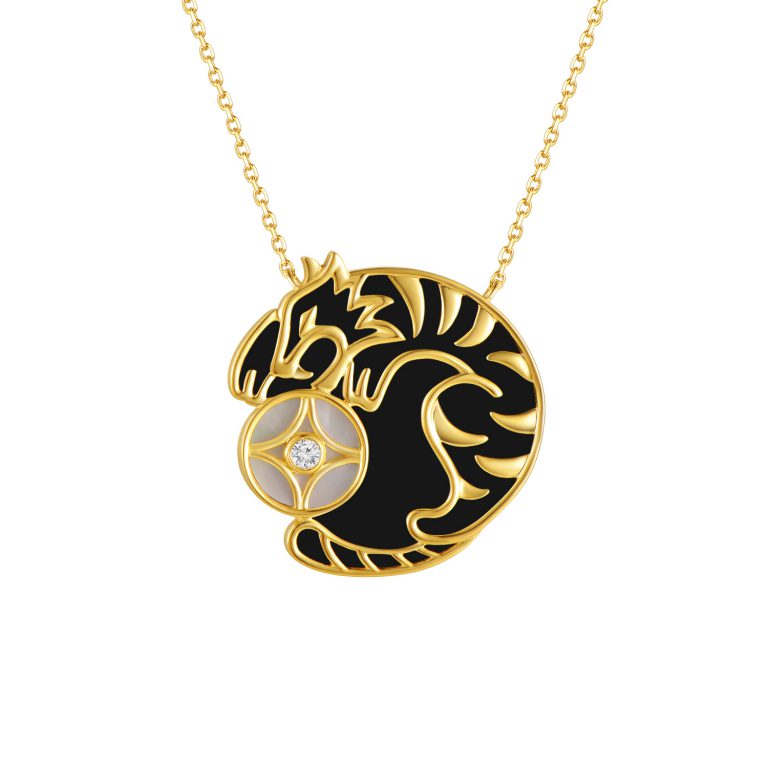 Black Agate White Mother of Pearl Diamond Year of the Tiger Pendant with Chain in 18K Yellow Gold