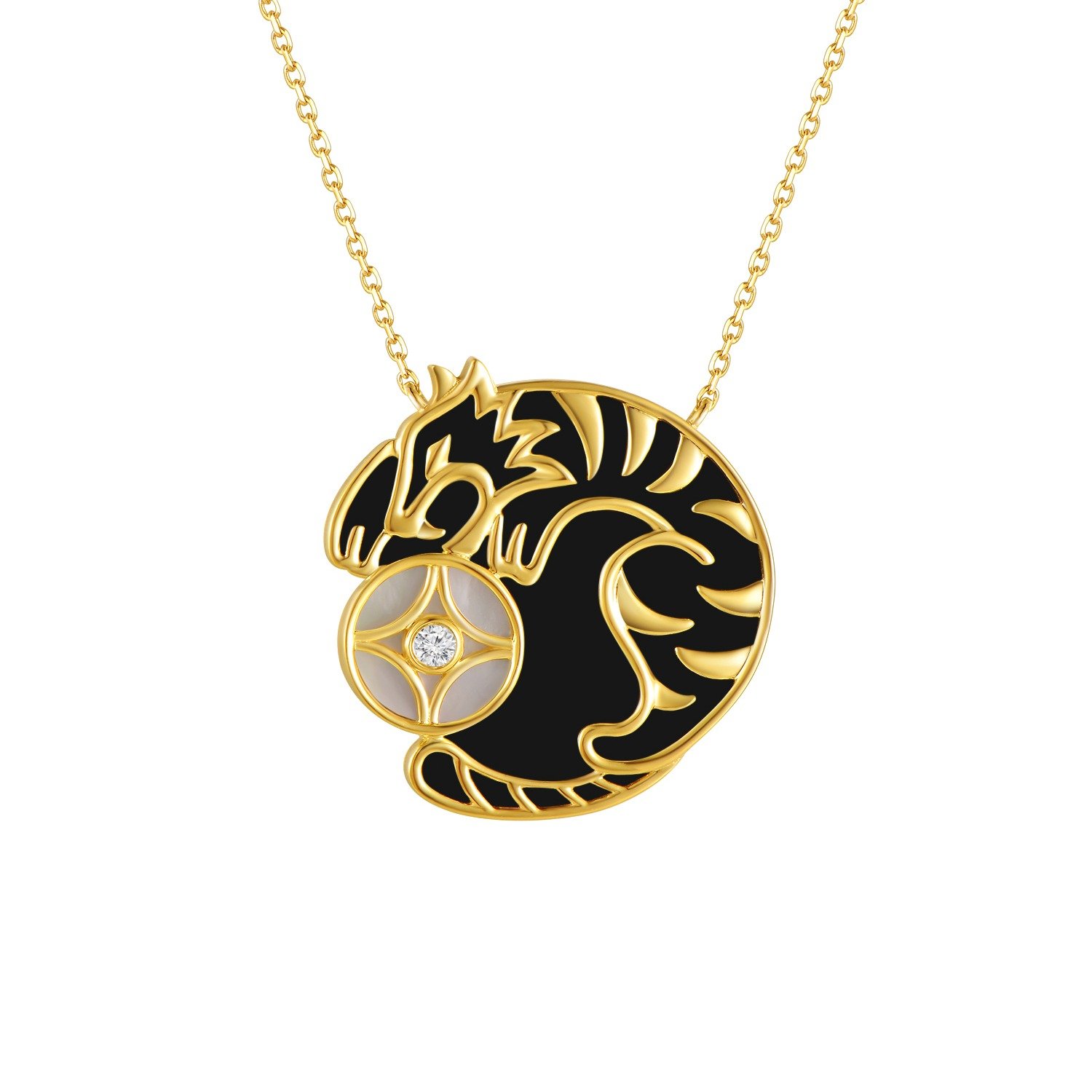 Black Agate White Mother of Pearl Diamond Year of the Tiger Pendant with Chain