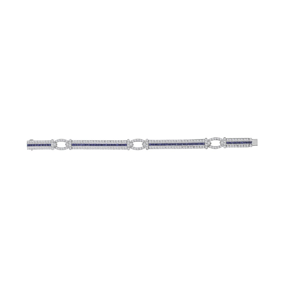 Sapphire Diamond Vintage Links Bracelet in 18K White Gold