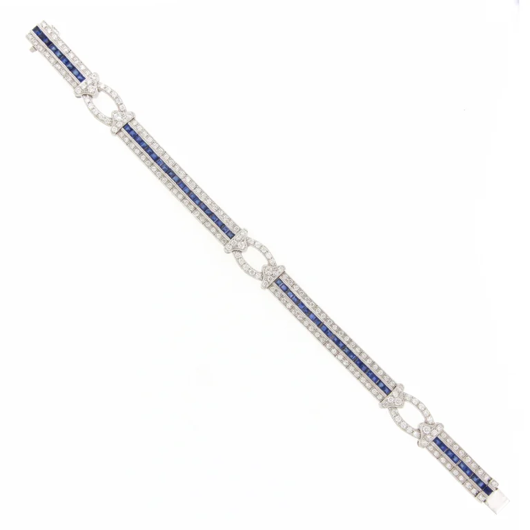 Sapphire Diamond Vintage Links Bracelet in 18K White Gold