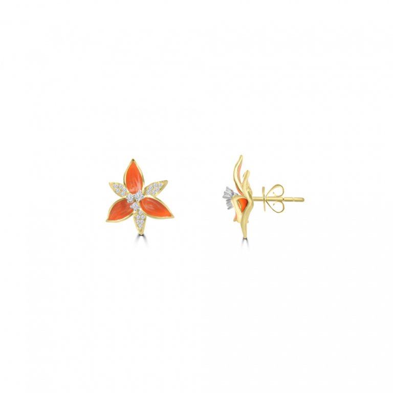 Diamond Enamel Floral Stud Earrings in 18K White Gold, 18K Yellow Gold