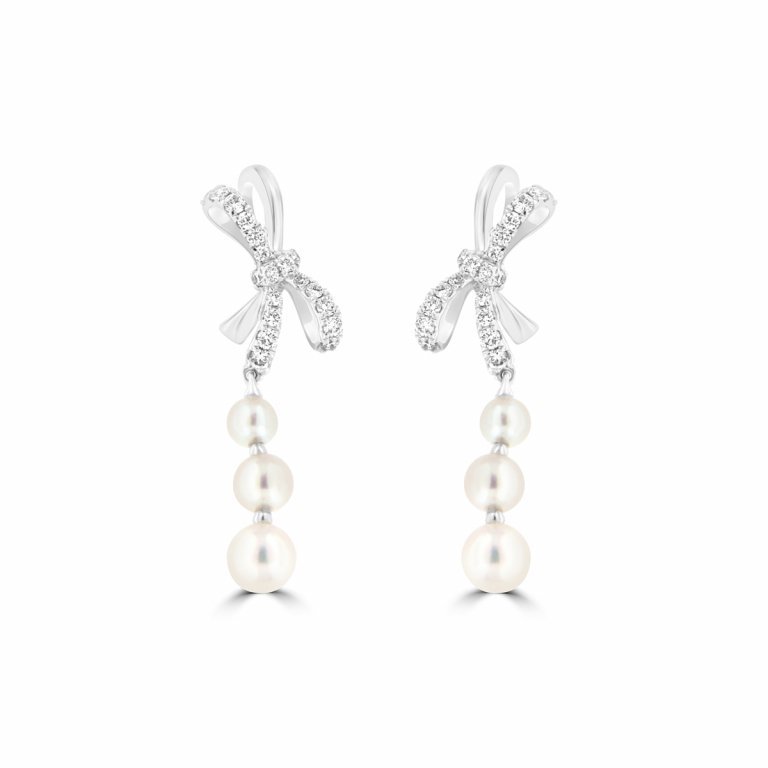 Akoya Pearl Diamond Ribbon Drop Earrings in 18K White Gold