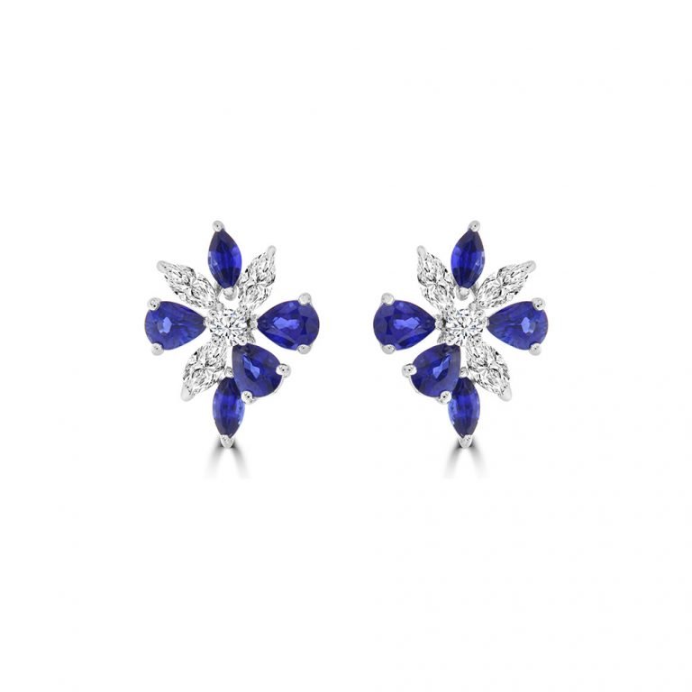 Marquise Cut Sapphire Diamond Corsage Earrings in 18K White Gold