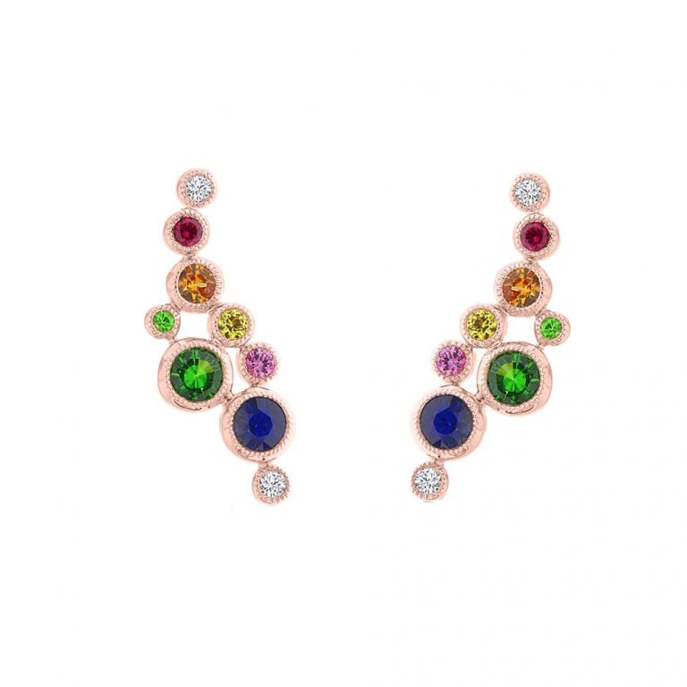 Rainbow Sapphire Ruby Green Garnet Diamond Cluster Earrings in 18K Rose Gold