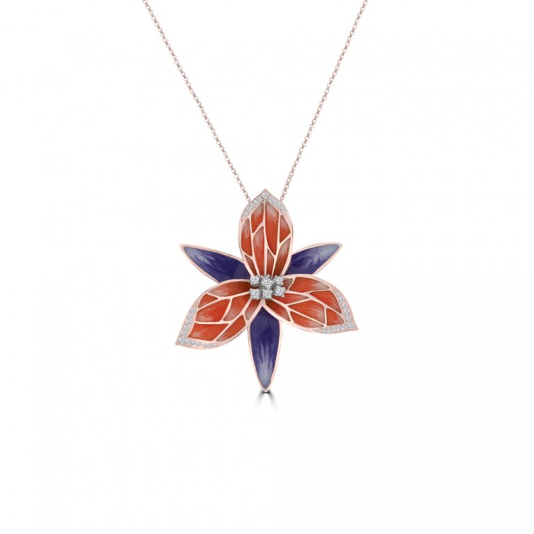 Diamond Enamel Floal Pendant with Chain in 18K Rose Gold