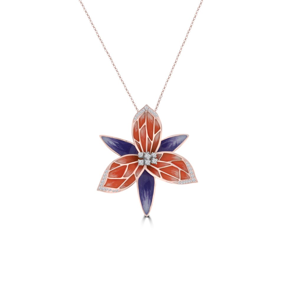 Diamond Enamel Floal Pendant with Chain