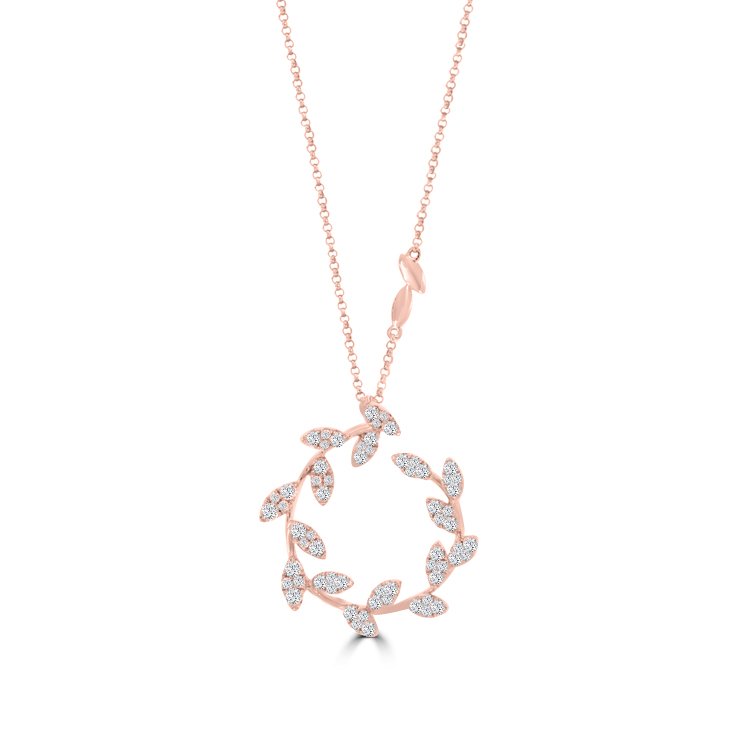 Diamond Olive Branch Wreath Pendant with Chain in 18K Rose Gold