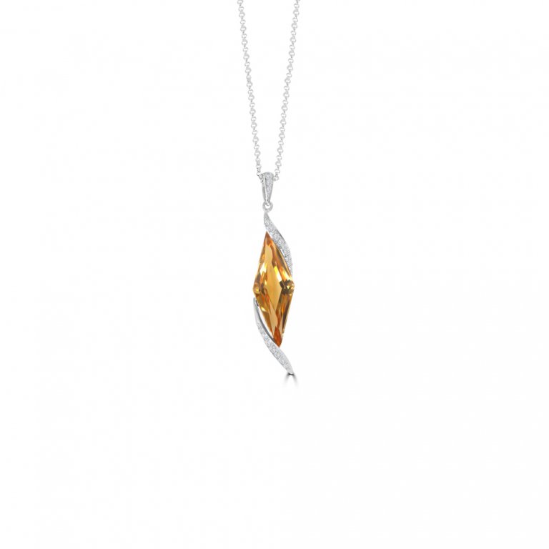 Citrine Diamond Rhombus Pendant with Chain in 14K White Gold