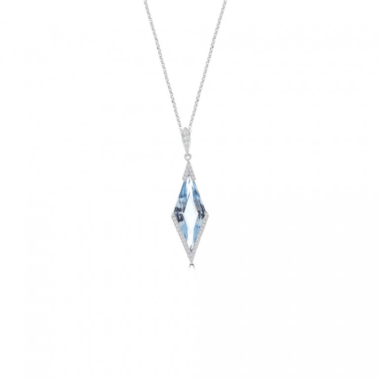 Blue Topaz Diamond Rhombus Pendant with Chain in 14K White Gold