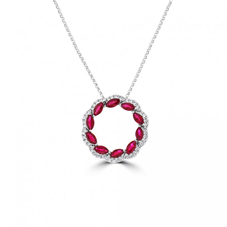 Marquise Cut Ruby Diamond Fancy Circle Pendant with Chain in 18K White Gold