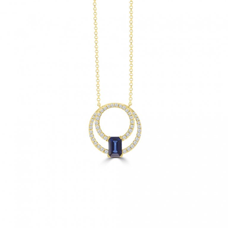Octagon Emerald Cut Sapphire Diamond Double Circle Pendant with Chain in 18K Yellow Gold