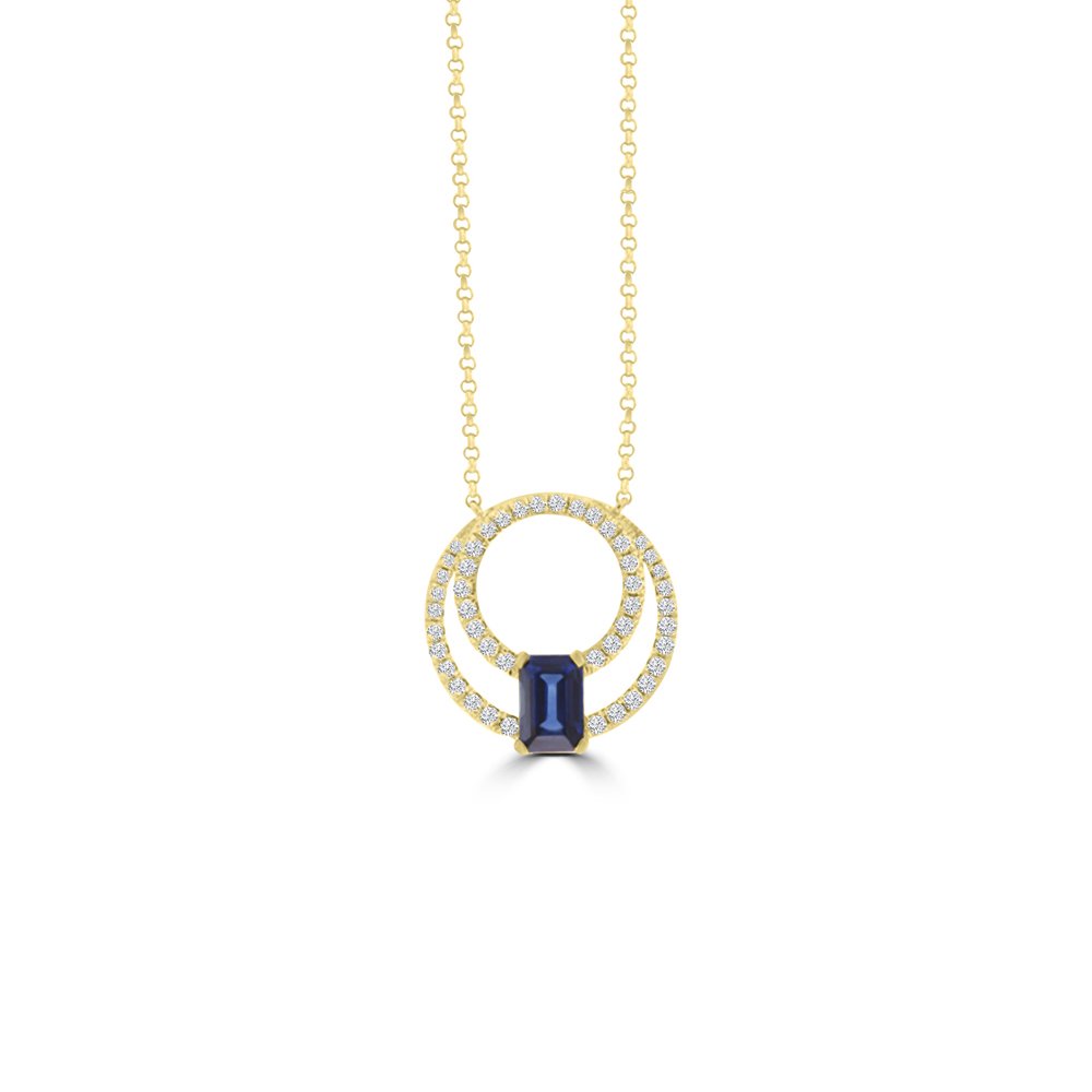 Octagon Emerald Cut Sapphire Diamond Double Circle Pendant with Chain