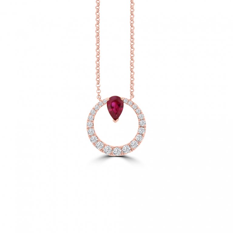 Pear Shaped Ruby Diamond Open Circle Pendant with Chain