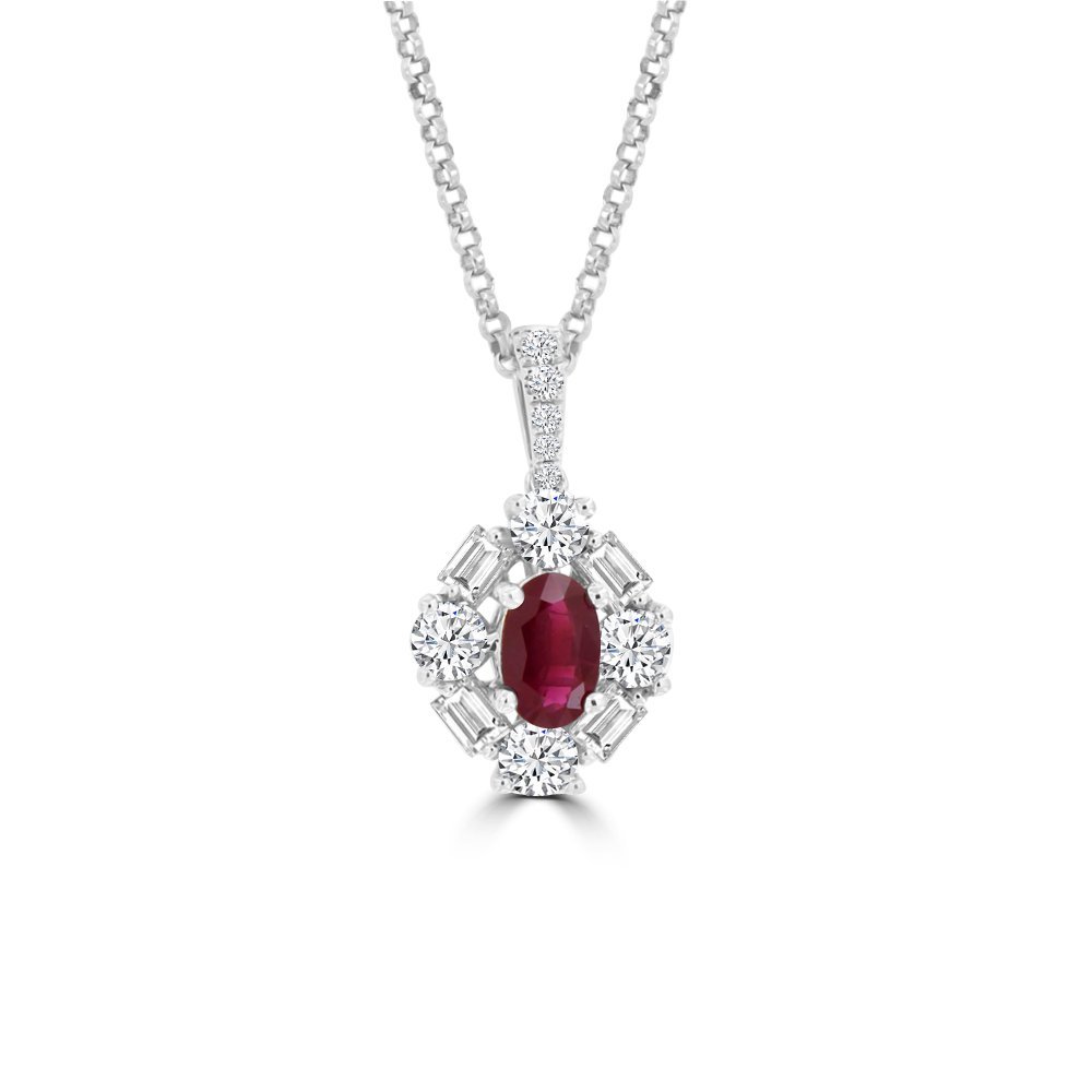 Oval Shaped Ruby Diamond Halo Pendant with Chain in 18K White Gold