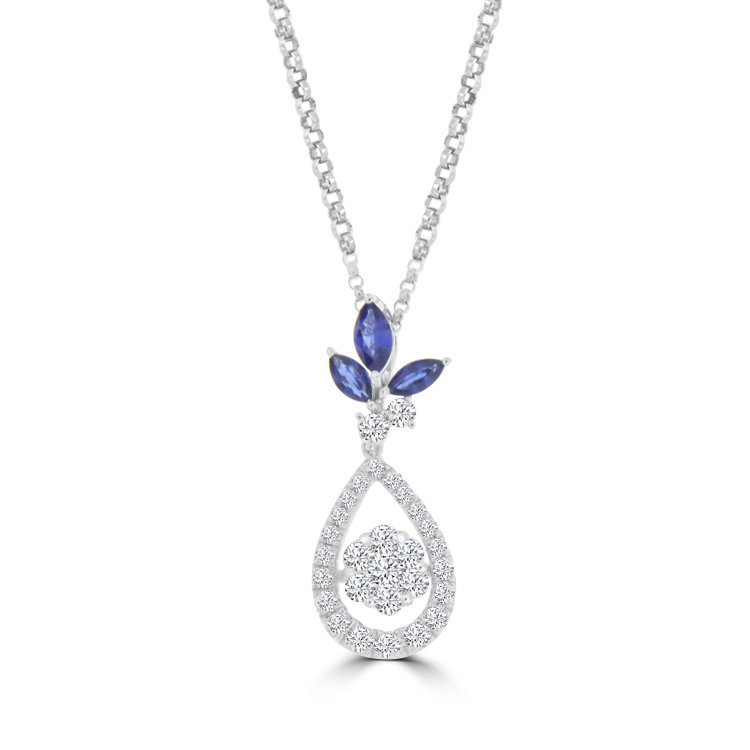 Marquise Cut Sapphire Diamond Teardrop Pendant with Chain in 18K White Gold