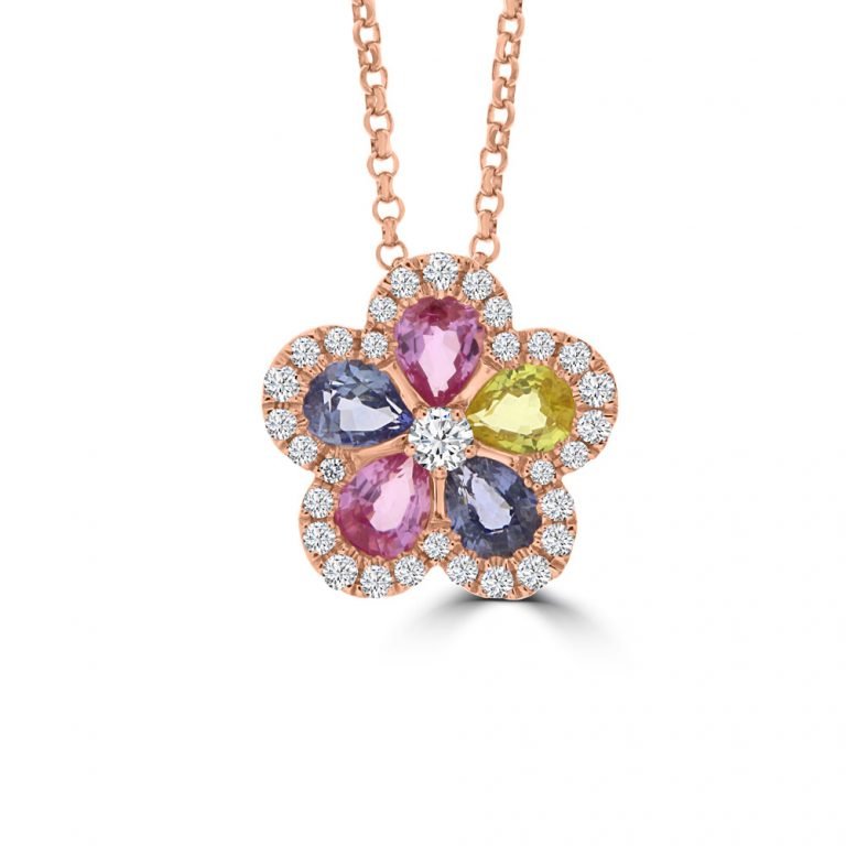 Rainbow Sapphire Diamond Floral Pendant with Chain in 18K Rose Gold