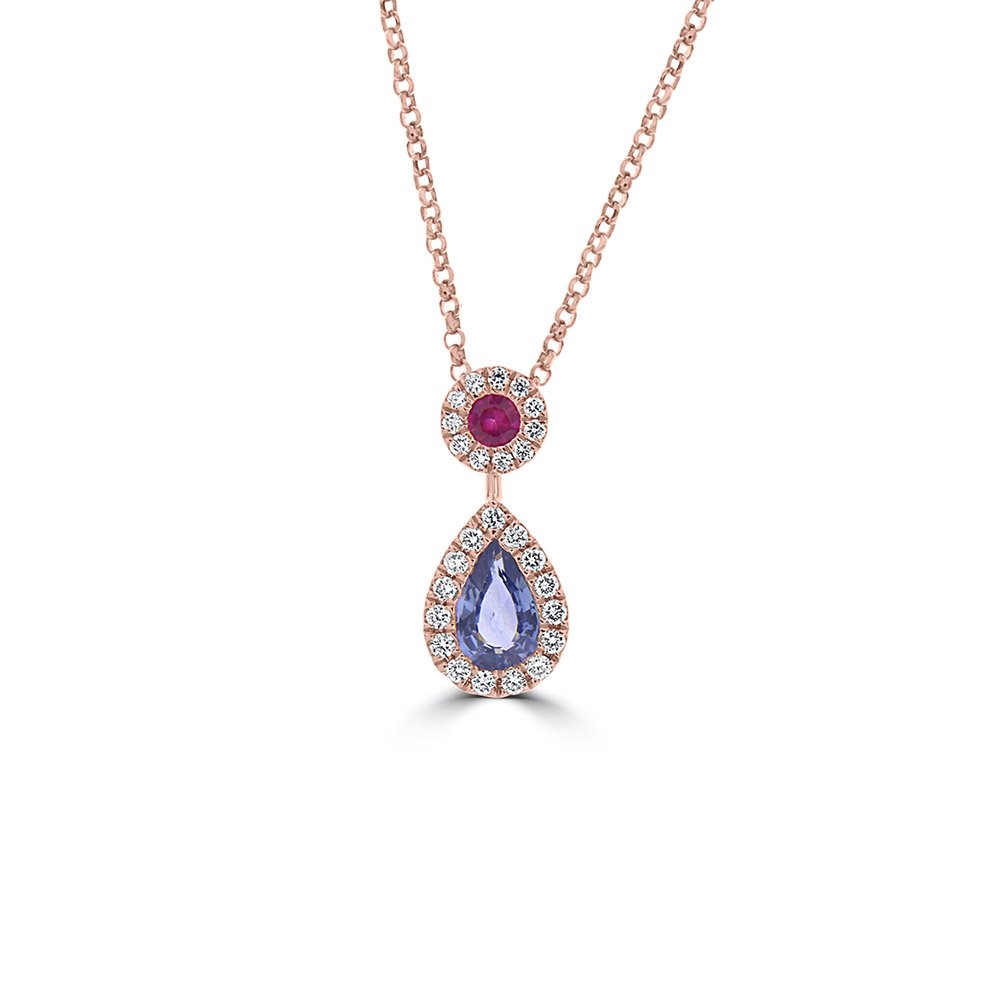 Multi Sapphire Diamond Teardrop Pendant with Chain